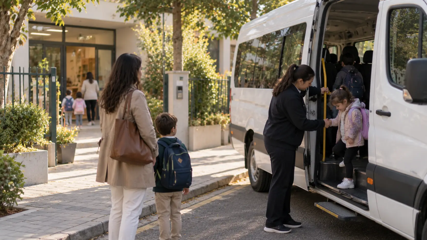 Okul önünde bekleyen servis aracı ve inen çocuğa eşlik eden refakatçi