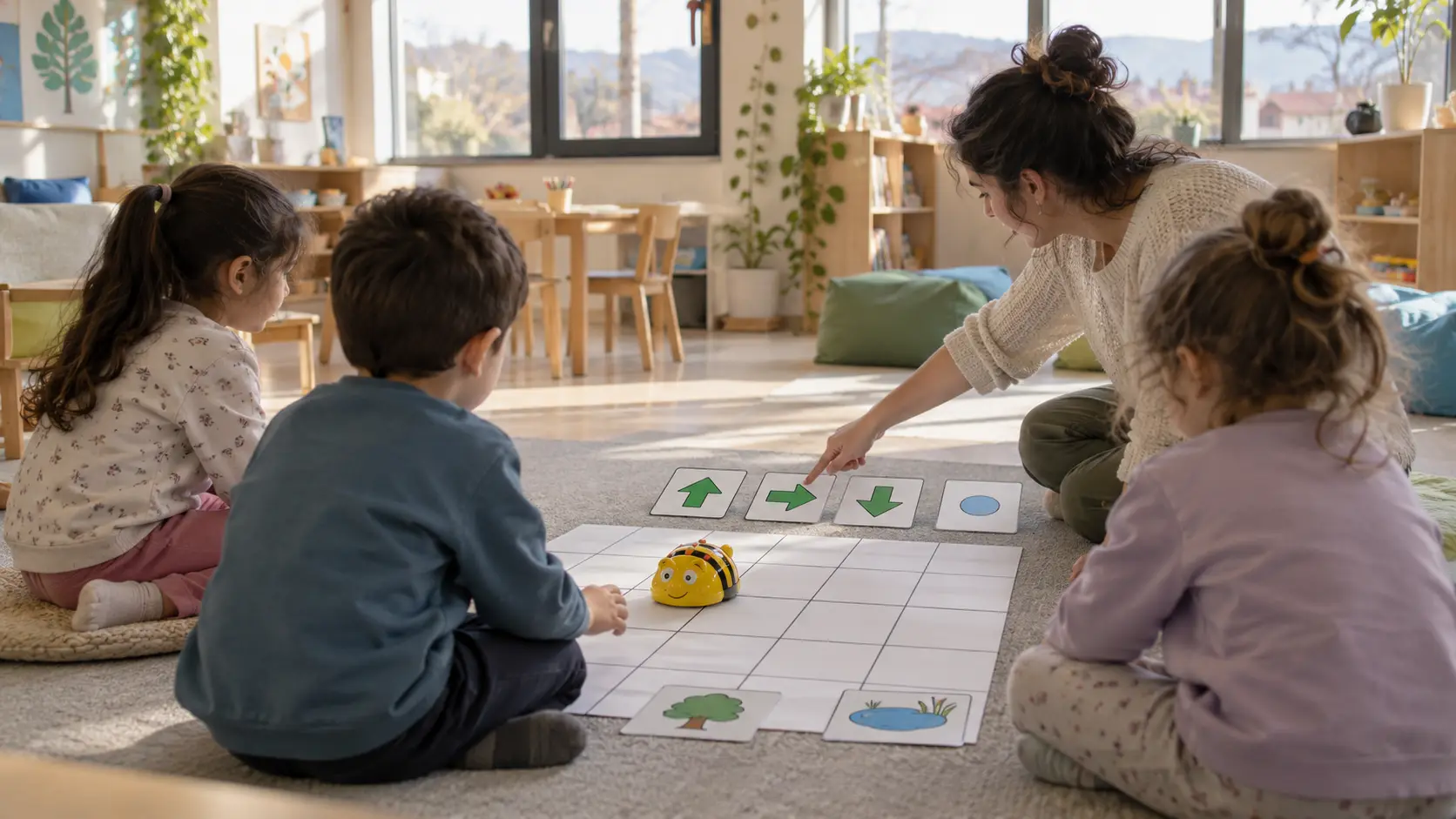 Halıda komut kartlarını sıralayan çocuklar ve yer robotu