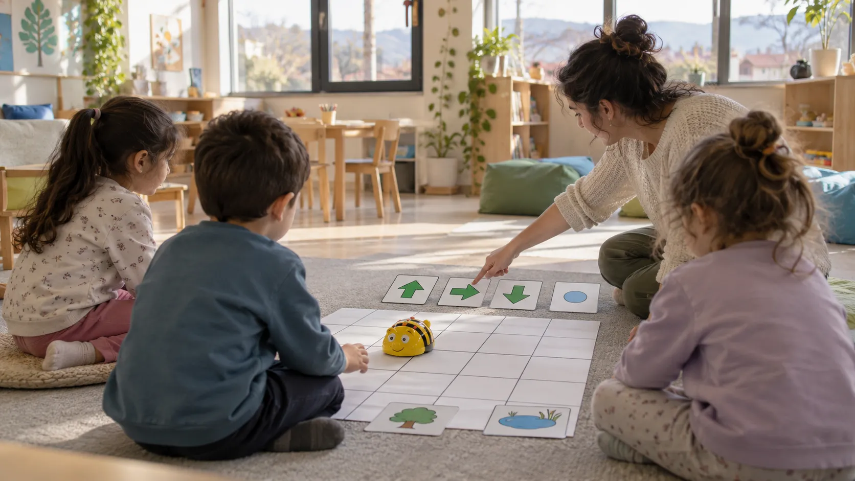 Halıda komut kartlarını sıralayan çocuklar ve yer robotu
