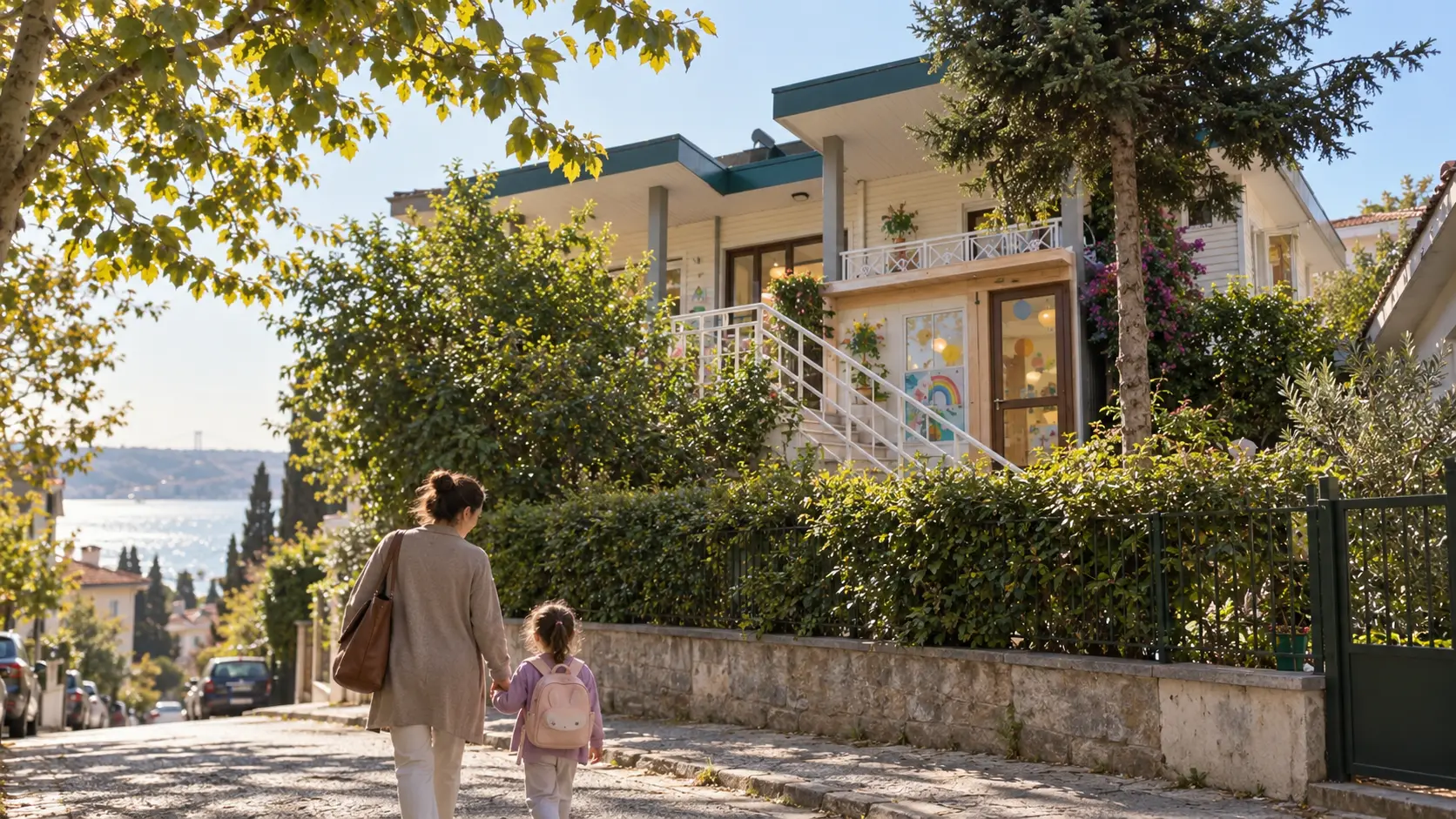 Ağaçlıklı bir Beykoz sokağında anaokulu binasına yürüyen veli