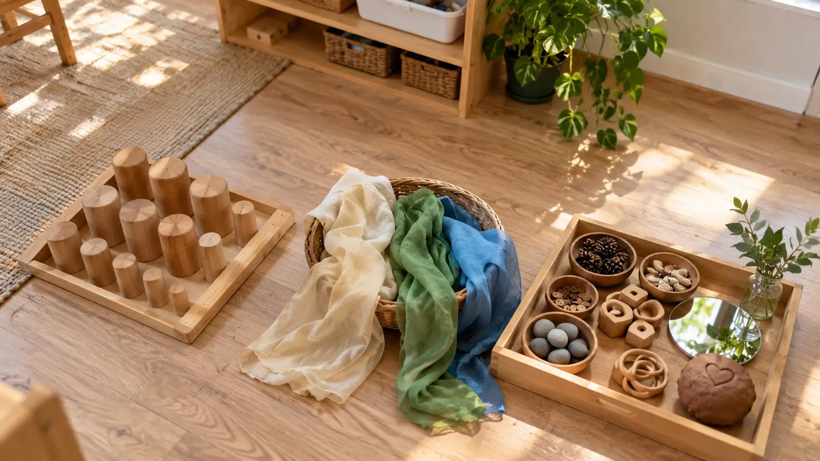 Yerde yan yana dizilmiş Montessori, Waldorf ve Reggio materyalleri