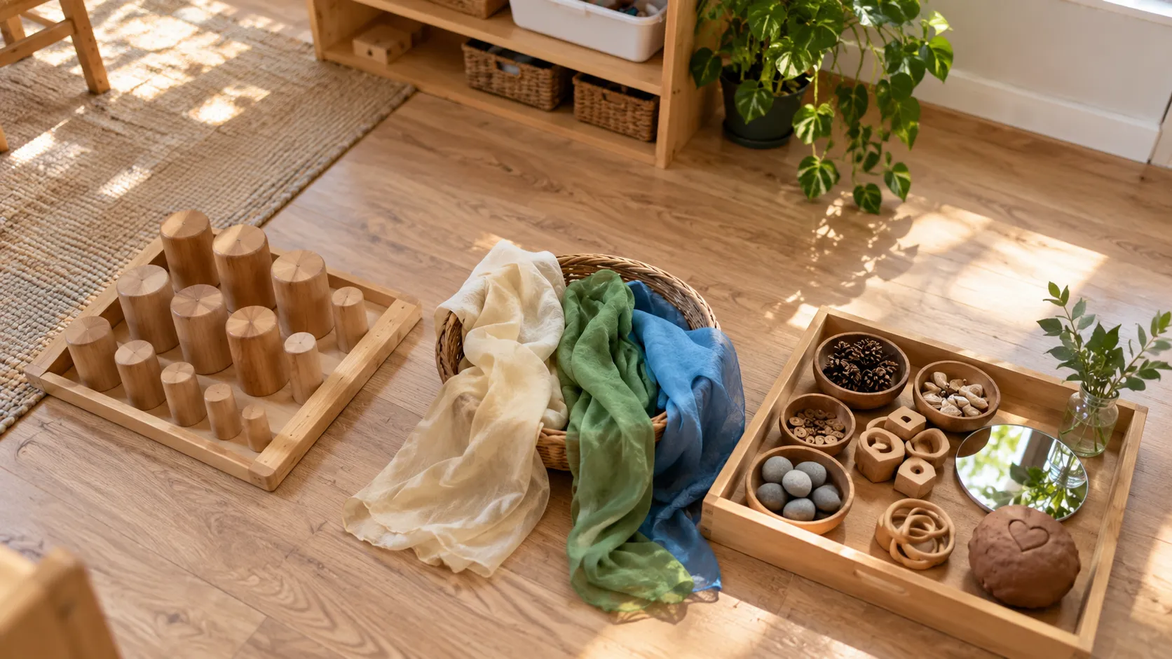 Yerde yan yana dizilmiş Montessori, Waldorf ve Reggio materyalleri