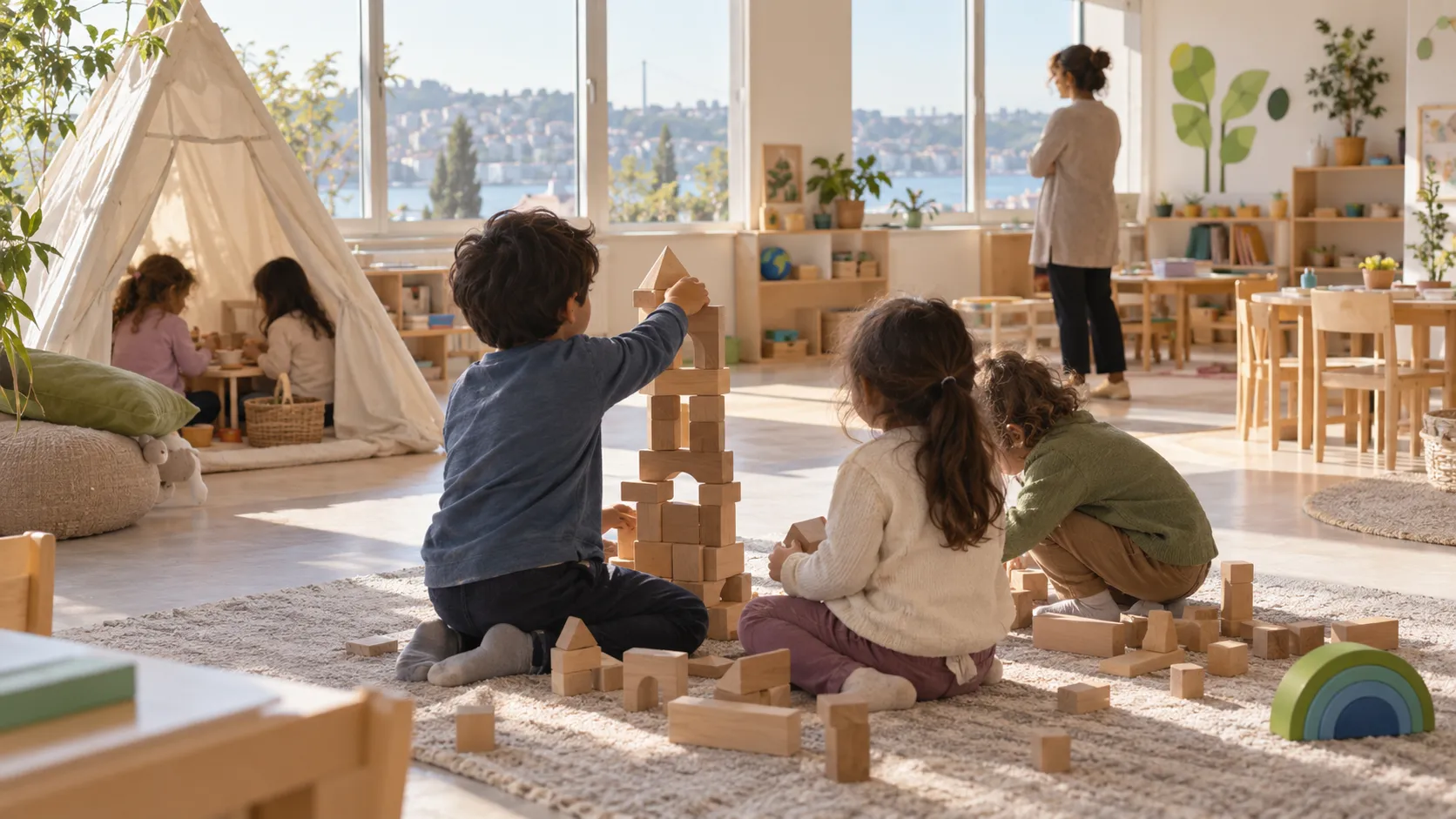 Serbest oyun saatinde ahşap bloklarla kule kuran çocuklar
