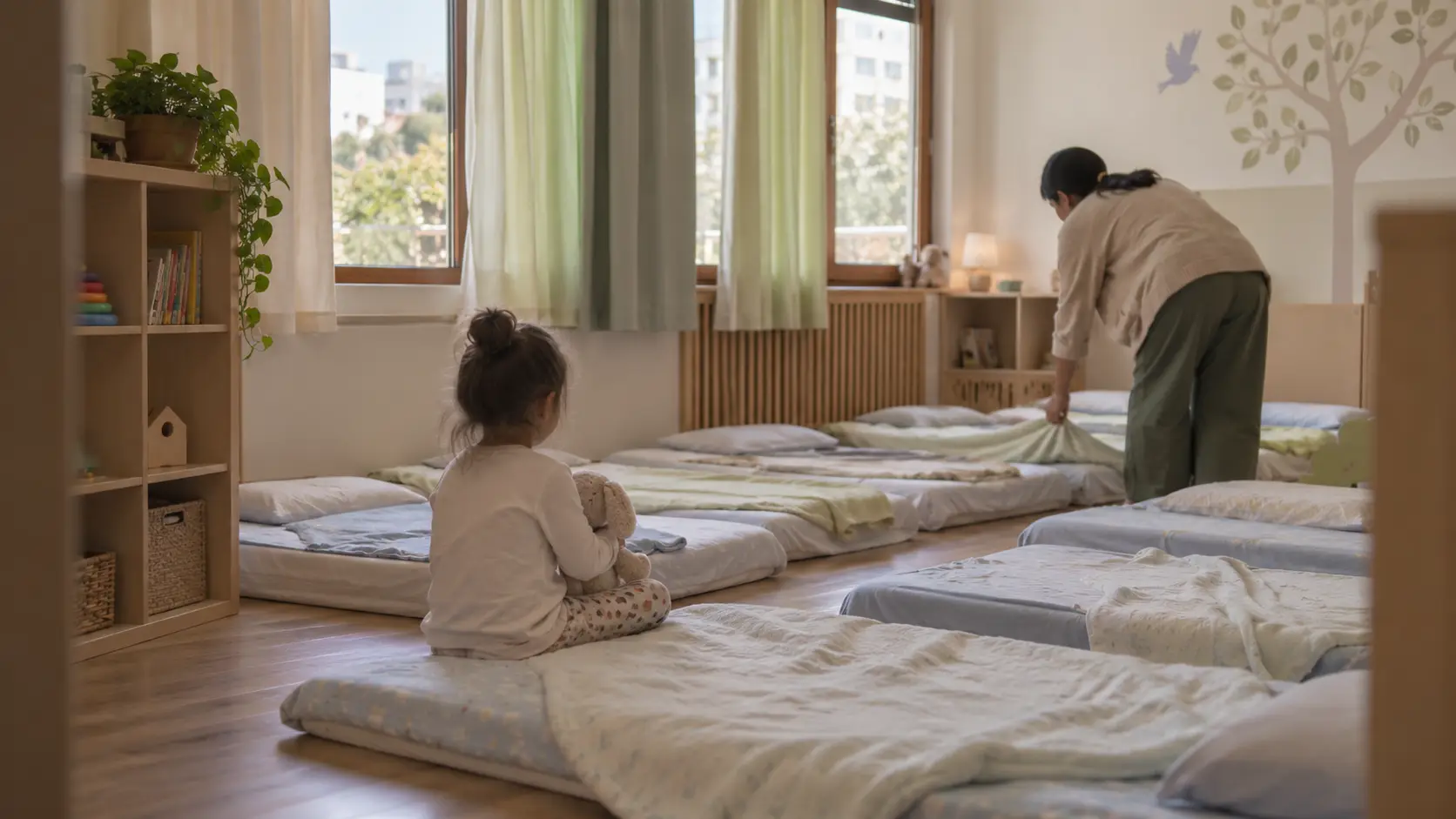 Öğle dinlenmesi öncesi yan yana serilmiş minderler